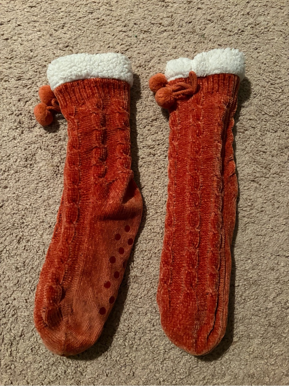 Plush Cable Knit Pom-Pom Sherpa-Lined Cozy Socks - Rust Orange
